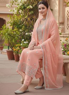 peach embroidered glaze cotton unstitched dress material  2