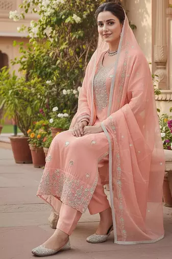 peach embroidered glaze cotton unstitched dress material 