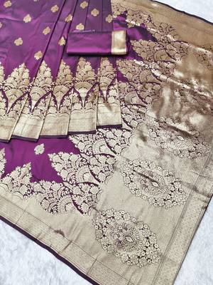 wine zari woven banarasi silk blend traditional saree with blouse piece 1