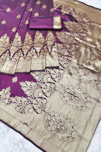 wine zari woven banarasi silk blend traditional saree with blouse piece
