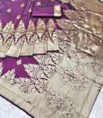wine zari woven banarasi silk blend traditional saree with blouse piece