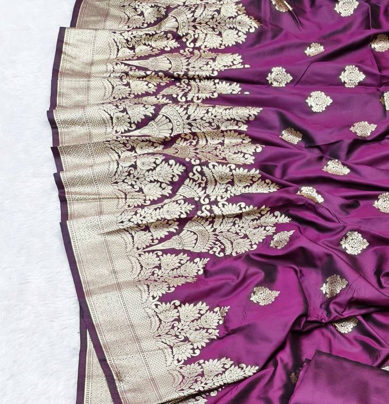 wine zari woven banarasi silk blend traditional saree with blouse piece