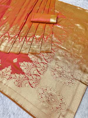 rani pink zari woven banarasi silk blend traditional saree with blouse piece 1