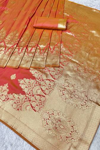 rani pink zari woven banarasi silk blend traditional saree with blouse piece