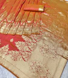 rani pink zari woven banarasi silk blend traditional saree with blouse piece