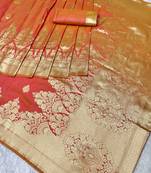 rani pink zari woven banarasi silk blend traditional saree with blouse piece