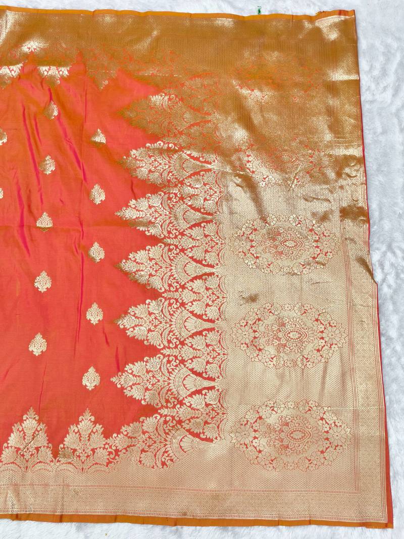 rani pink zari woven banarasi silk blend traditional saree with blouse piece