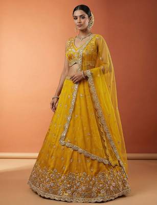 Women's Mustard Chinnon Silk Motif with Sequince Embroidered Lehenga Choli with Dupatta 1