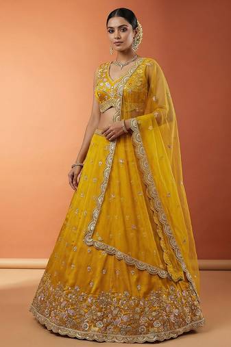 Women's Mustard Chinnon Silk Motif with Sequince Embroidered Lehenga Choli with Dupatta