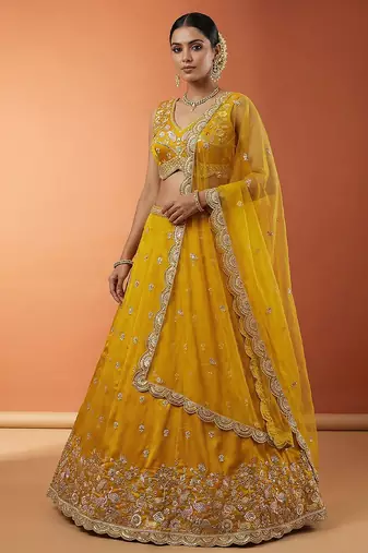Women's Mustard Chinnon Silk Motif with Sequince Embroidered Lehenga Choli with Dupatta