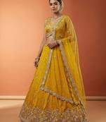 Women's Mustard Chinnon Silk Motif with Sequince Embroidered Lehenga Choli with Dupatta