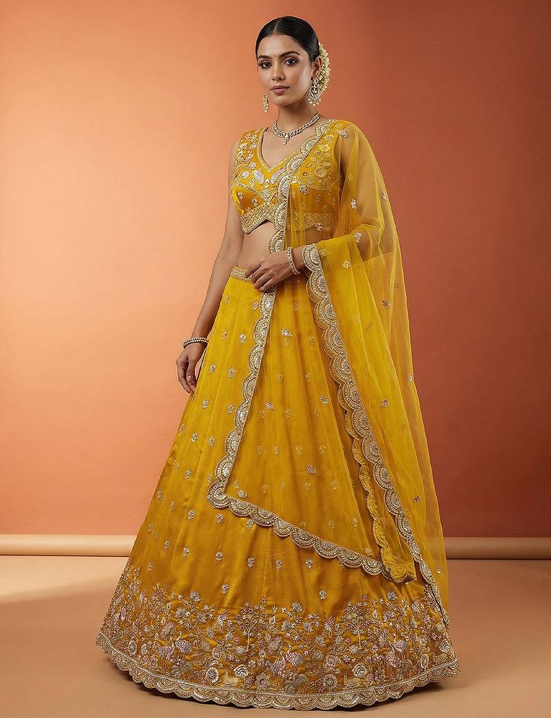 Women's Mustard Chinnon Silk Motif with Sequince Embroidered Lehenga Choli with Dupatta