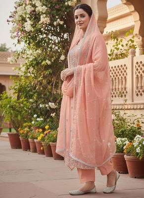 peach embroidered glaze cotton unstitched dress material  3