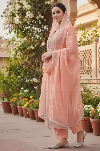 peach embroidered glaze cotton unstitched dress material 