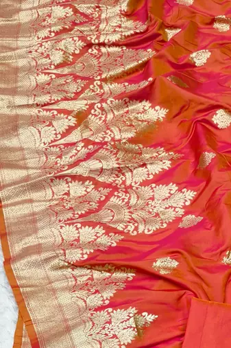 rani pink zari woven banarasi silk blend traditional saree with blouse piece