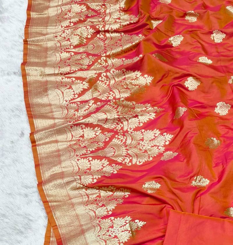 rani pink zari woven banarasi silk blend traditional saree with blouse piece