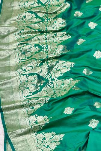 green zari woven banarasi silk blend traditional saree with blouse piece