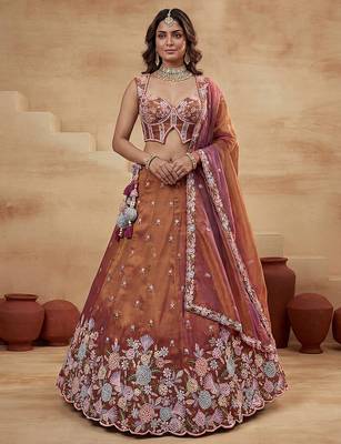 Women's Rust Tissue Moti with Embroidered Lehenga Choli with Dupatta 1