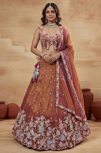 Women's Rust Tissue Moti with Embroidered Lehenga Choli with Dupatta