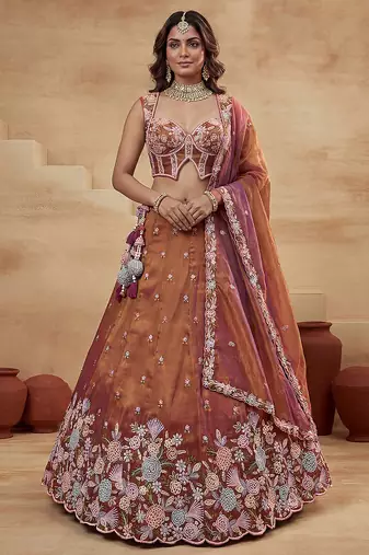 Women's Rust Tissue Moti with Embroidered Lehenga Choli with Dupatta