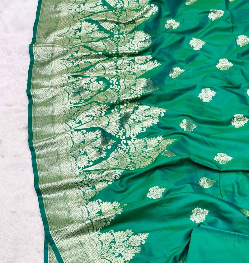 green zari woven banarasi silk blend traditional saree with blouse piece