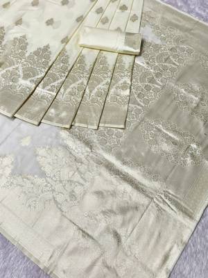 cream zari woven banarasi silk blend traditional saree with blouse piece 1