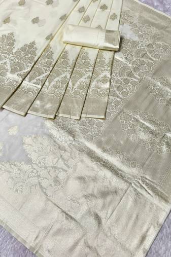 cream zari woven banarasi silk blend traditional saree with blouse piece