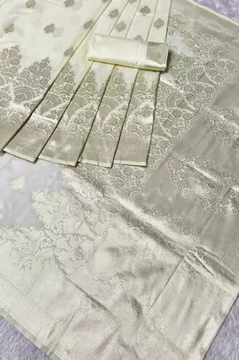 cream zari woven banarasi silk blend traditional saree with blouse piece