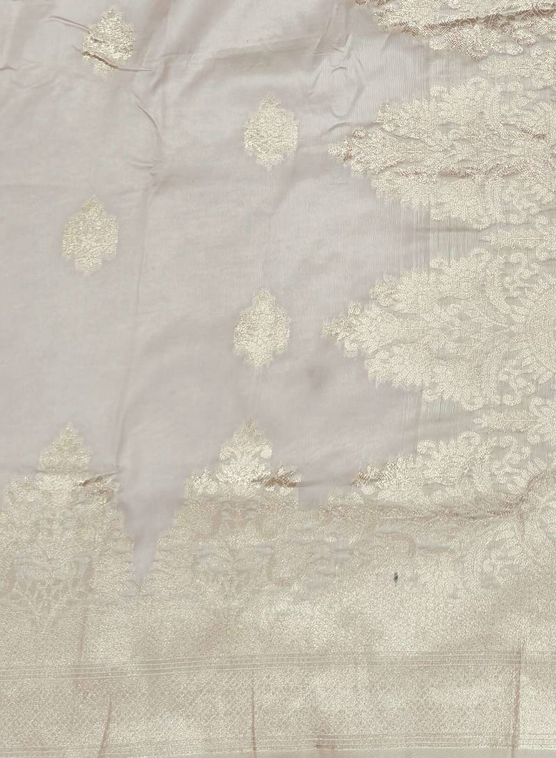 cream zari woven banarasi silk blend traditional saree with blouse piece