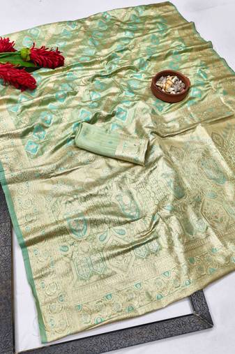 dark green zari woven banarasi satin silk blend traditional saree with blouse piece