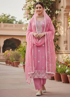 pink embroidered glaze cotton unstitched dress material  1