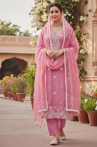 pink embroidered glaze cotton unstitched dress material 