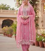 pink embroidered glaze cotton unstitched dress material 