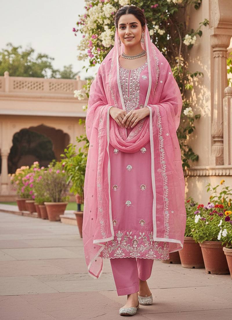pink embroidered glaze cotton unstitched dress material 