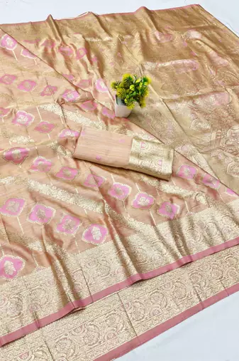 pink zari woven banarasi satin silk blend traditional saree with blouse piece