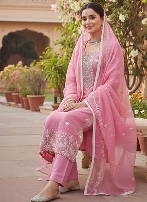 pink embroidered glaze cotton unstitched dress material  2