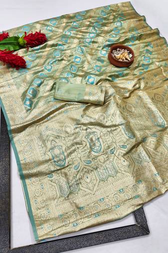 blue zari woven banarasi satin silk blend traditional saree with blouse piece