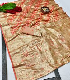 red zari woven banarasi satin silk blend traditional saree with blouse piece
