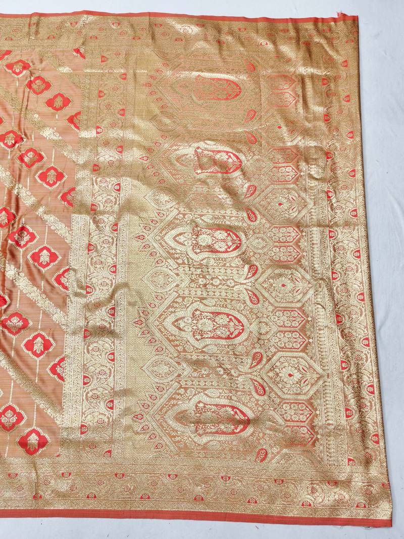red zari woven banarasi satin silk blend traditional saree with blouse piece