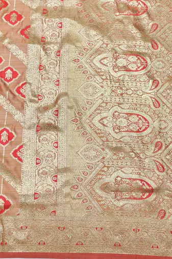 red zari woven banarasi satin silk blend traditional saree with blouse piece