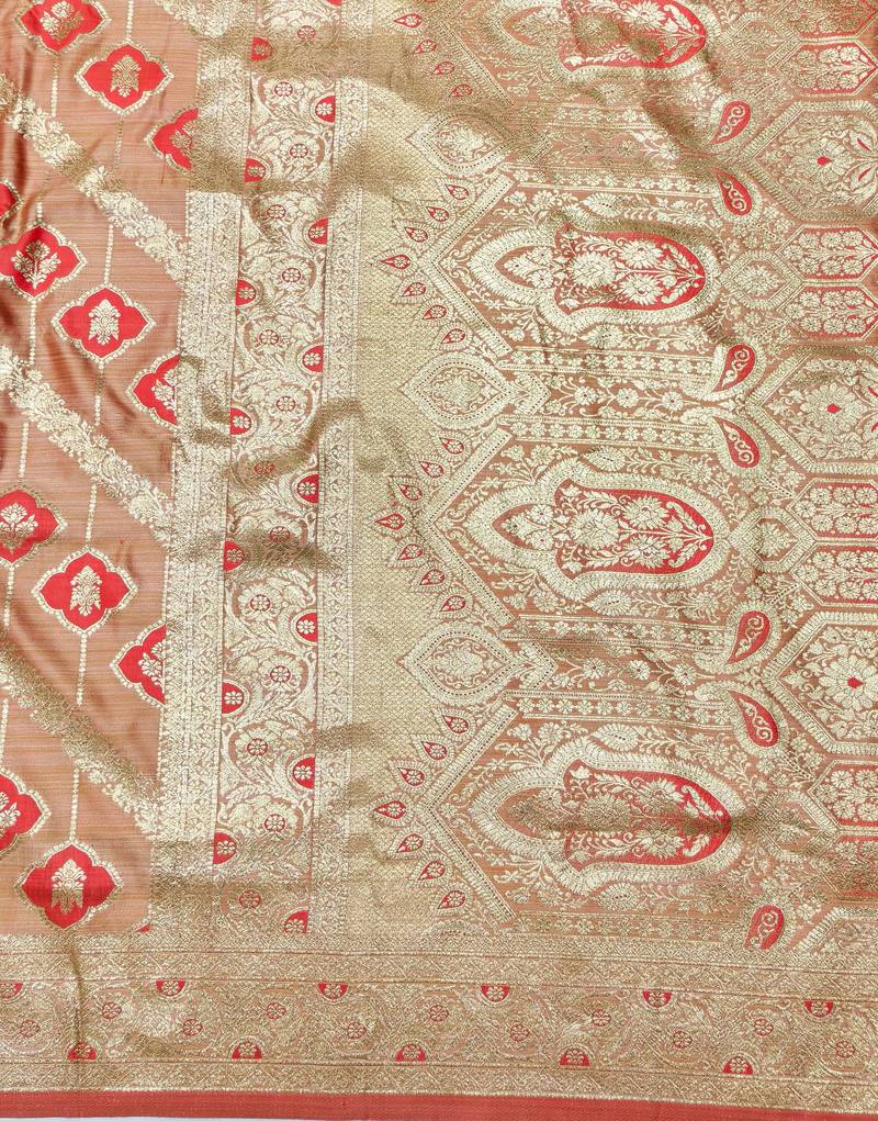 red zari woven banarasi satin silk blend traditional saree with blouse piece