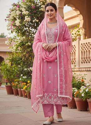 pink embroidered glaze cotton unstitched dress material  3
