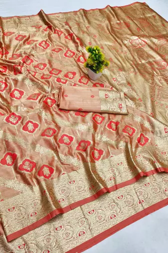 red zari woven banarasi satin silk blend traditional saree with blouse piece
