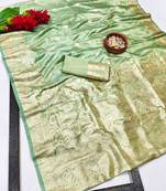 green zari woven banarasi satin silk blend traditional saree with blouse piece