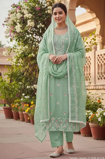 sea green embroidered glaze cotton unstitched dress material 