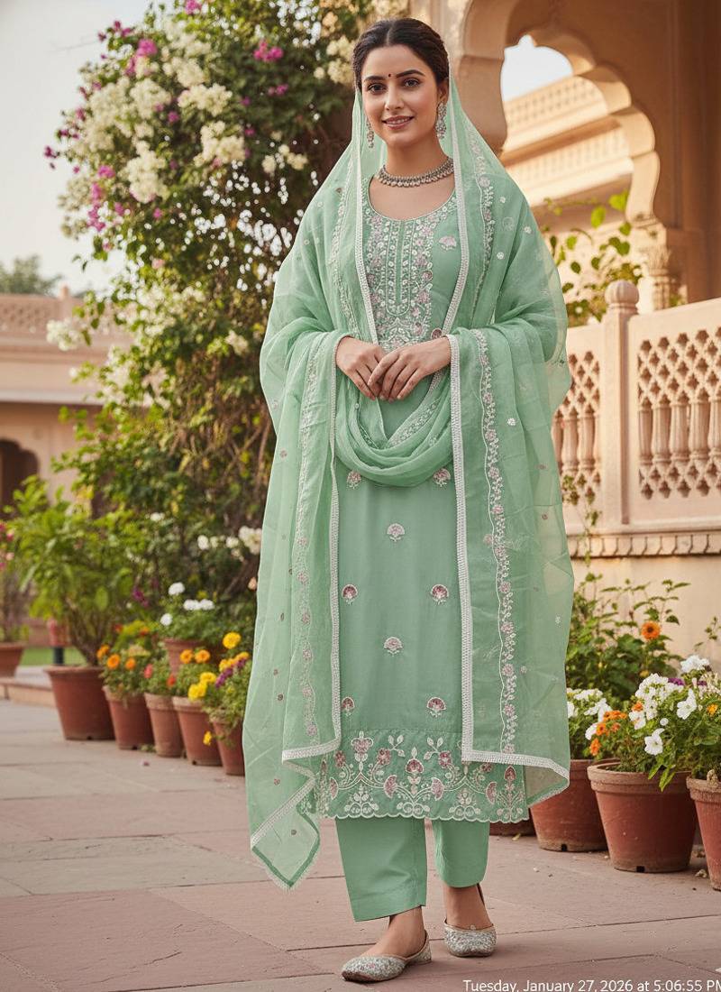 sea green embroidered glaze cotton unstitched dress material 