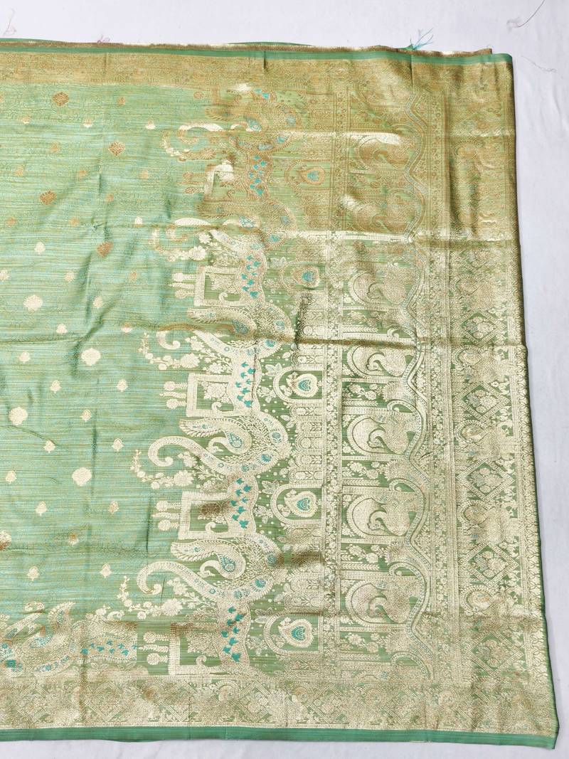 green zari woven banarasi satin silk blend traditional saree with blouse piece