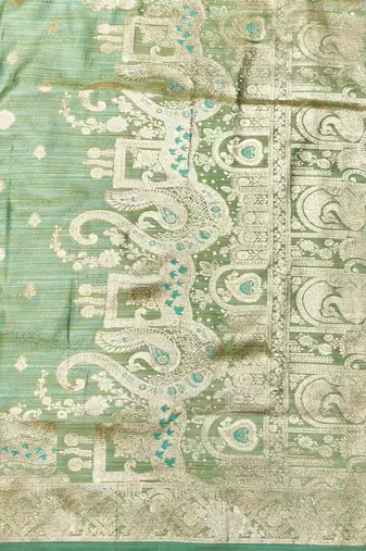 green zari woven banarasi satin silk blend traditional saree with blouse piece