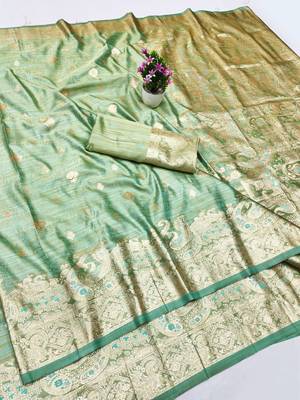 green zari woven banarasi satin silk blend traditional saree with blouse piece 5
