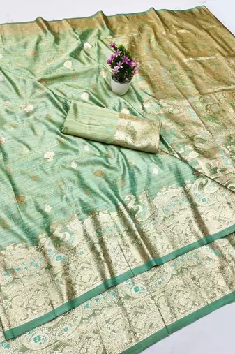 green zari woven banarasi satin silk blend traditional saree with blouse piece